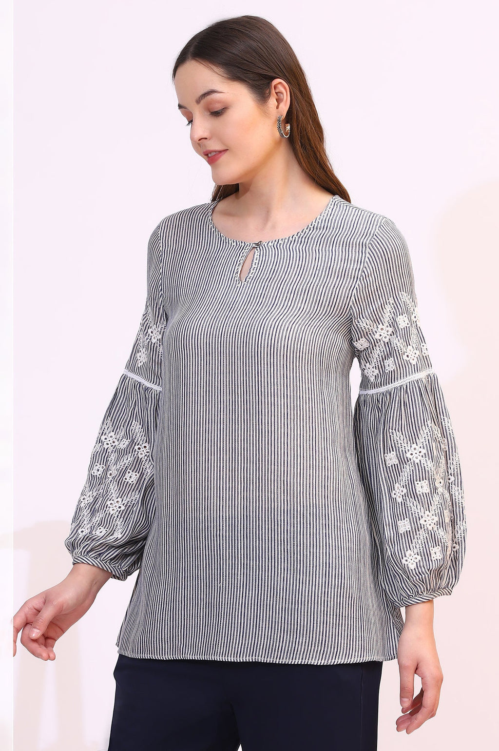 W for Woman Navy and White Yarn Dyed Striped Top with Schiffli Embroidery At Sleeves | Grocsy