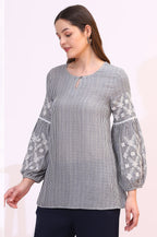 W for Woman Navy and White Yarn Dyed Striped Top with Schiffli Embroidery At Sleeves | Grocsy