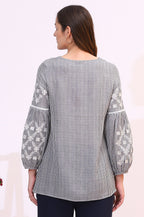 W for Woman Navy and White Yarn Dyed Striped Top with Schiffli Embroidery At Sleeves | Grocsy