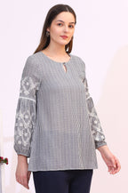 W for Woman Navy and White Yarn Dyed Striped Top with Schiffli Embroidery At Sleeves | Grocsy