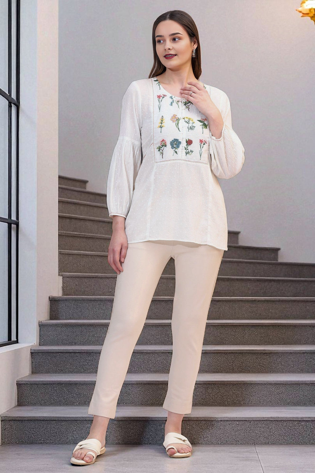 W for Woman White Floral Thread Embroidered Yoke Textured Top | Grocsy