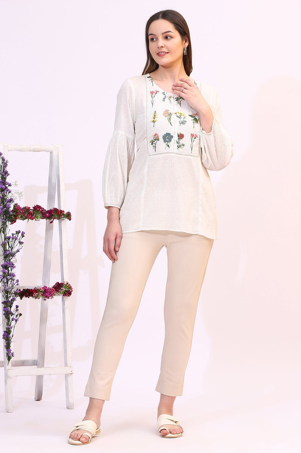W for Woman White Floral Thread Embroidered Yoke Textured Top | Grocsy