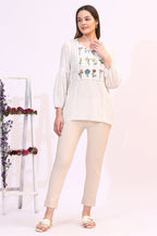 W for Woman White Floral Thread Embroidered Yoke Textured Top | Grocsy