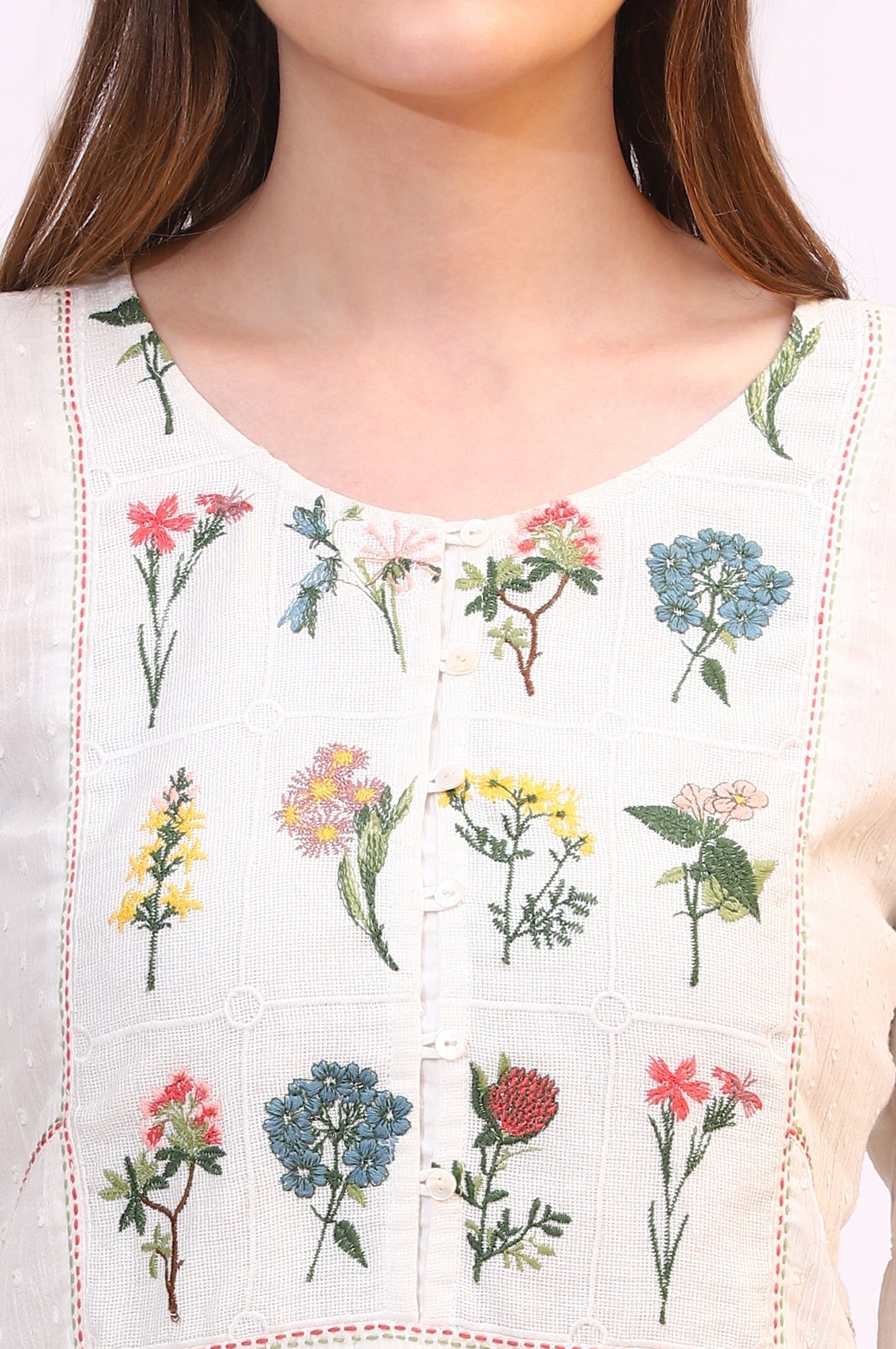 W for Woman White Floral Thread Embroidered Yoke Textured Top | Grocsy