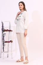 W for Woman White Floral Thread Embroidered Yoke Textured Top | Grocsy