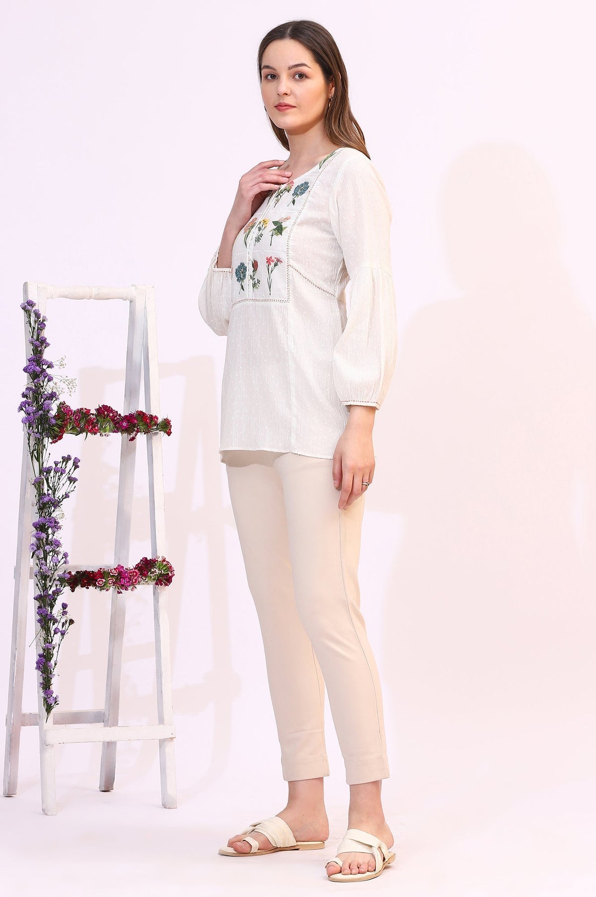W for Woman White Floral Thread Embroidered Yoke Textured Top | Grocsy