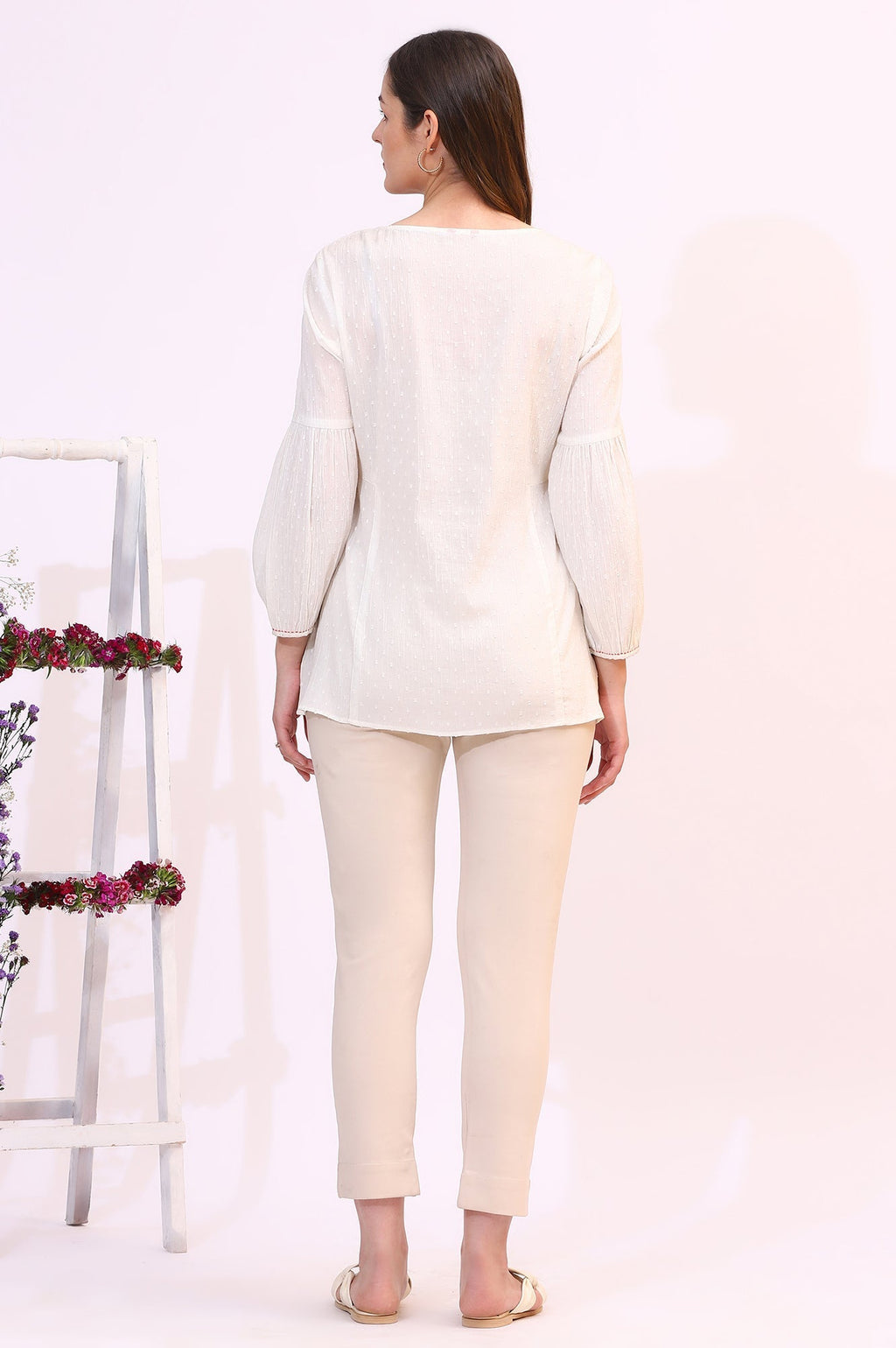 W for Woman White Floral Thread Embroidered Yoke Textured Top | Grocsy