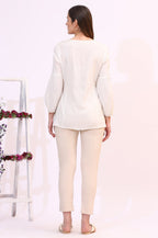 W for Woman White Floral Thread Embroidered Yoke Textured Top | Grocsy