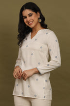 W for Woman Beige Stripes Rayon Straight Top in Curved Neck | Grocsy