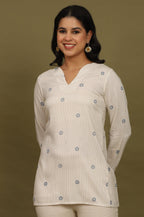 W for Woman Beige Stripes Rayon Straight Top in Curved Neck | Grocsy