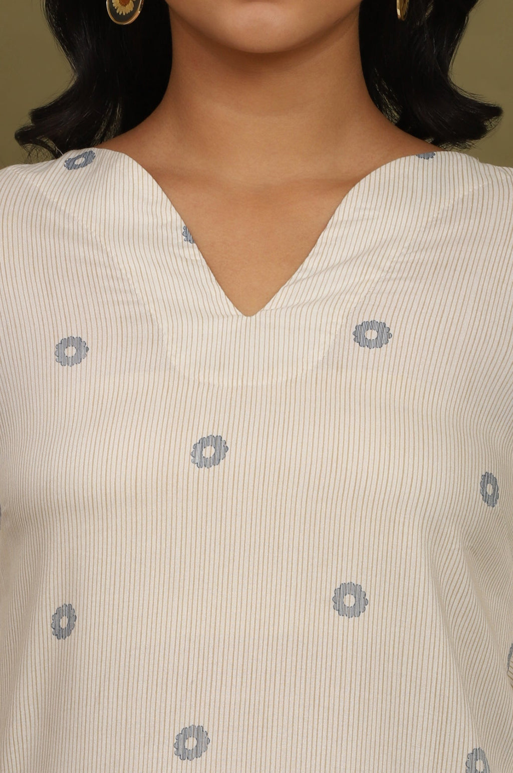 W for Woman Beige Stripes Rayon Straight Top in Curved Neck | Grocsy