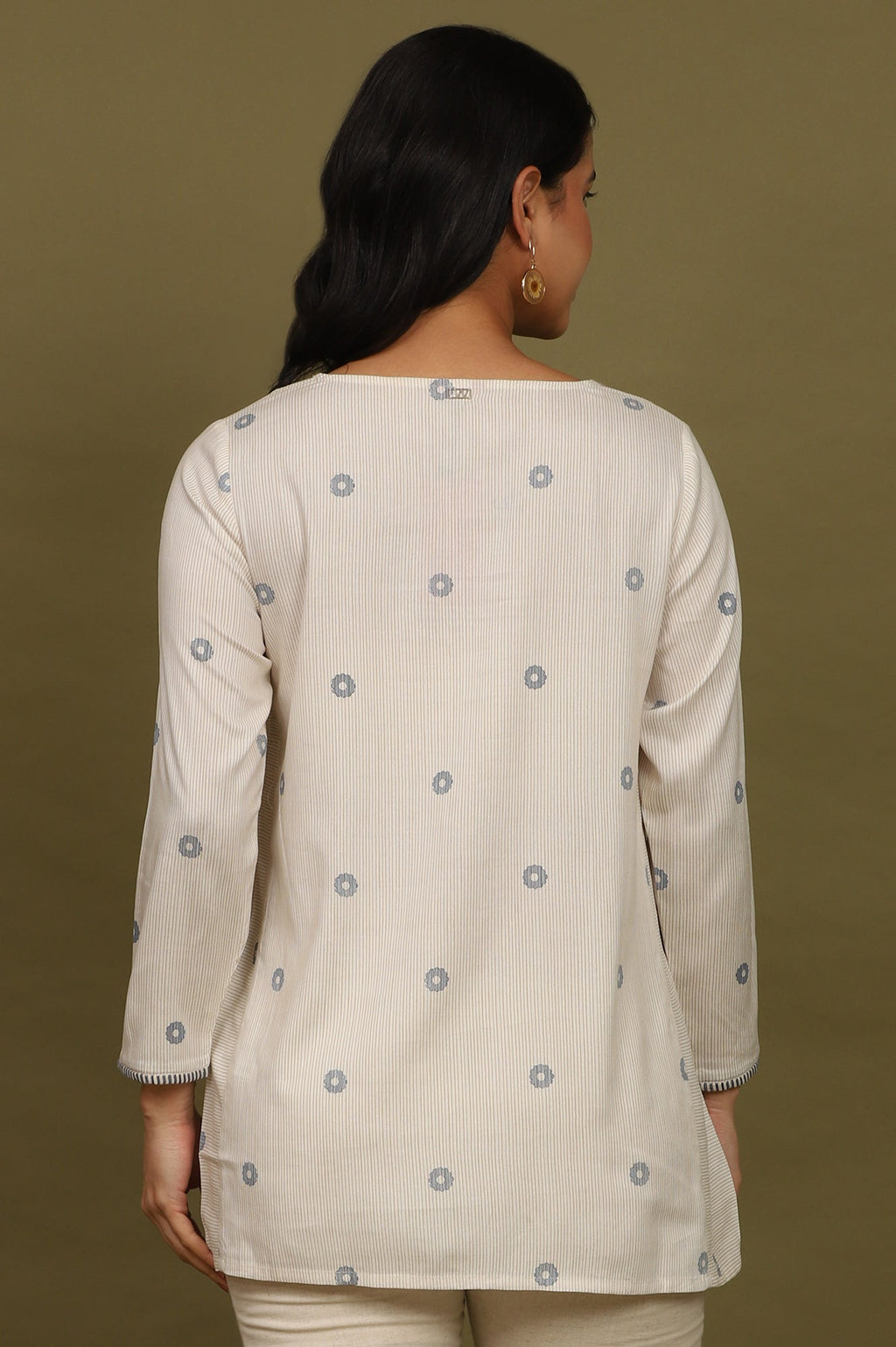 W for Woman Beige Stripes Rayon Straight Top in Curved Neck | Grocsy