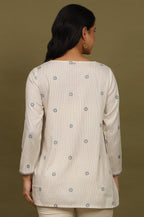 W for Woman Beige Stripes Rayon Straight Top in Curved Neck | Grocsy
