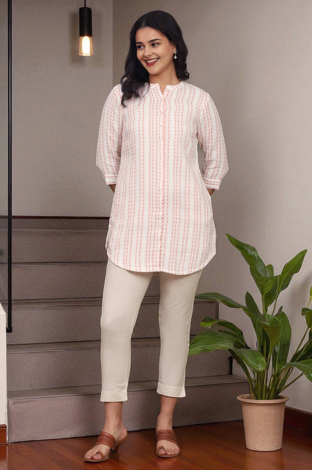 W for Woman Pink And White Yarn Dyed Double Cloth Cotton Tunic | Grocsy