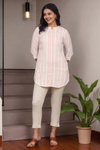 W for Woman Pink And White Yarn Dyed Double Cloth Cotton Tunic | Grocsy
