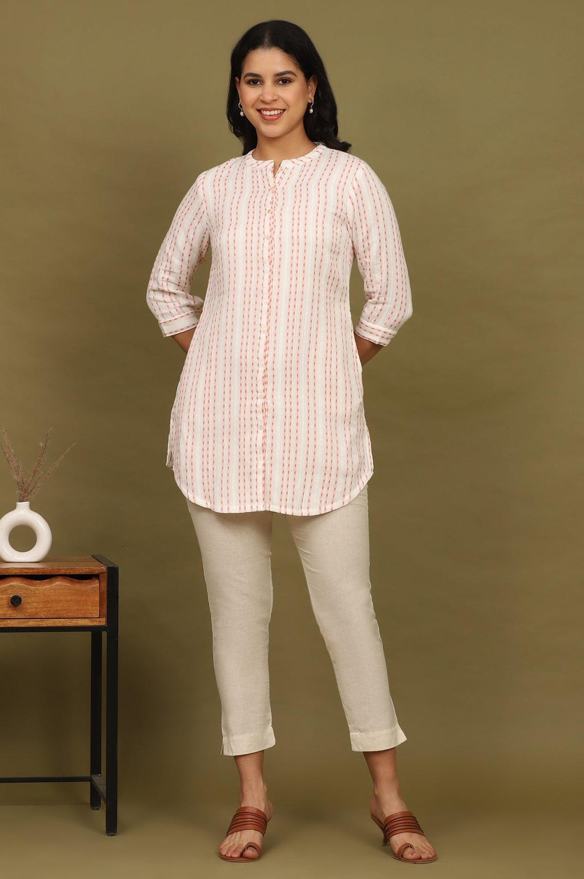 W for Woman Pink And White Yarn Dyed Double Cloth Cotton Tunic | Grocsy