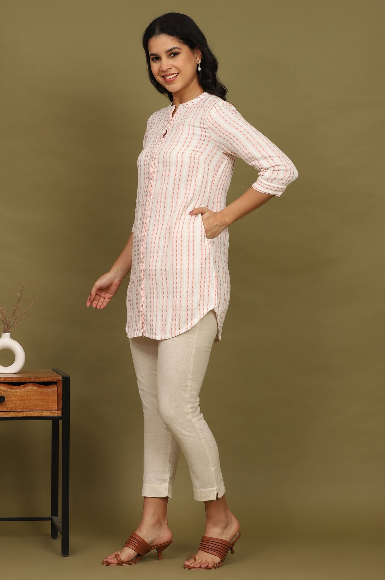 W for Woman Pink And White Yarn Dyed Double Cloth Cotton Tunic | Grocsy