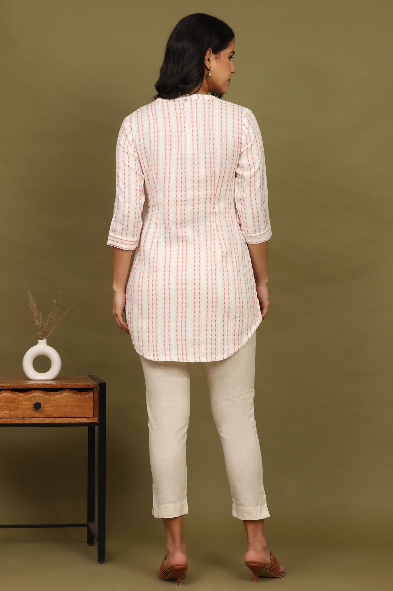 W for Woman Pink And White Yarn Dyed Double Cloth Cotton Tunic | Grocsy