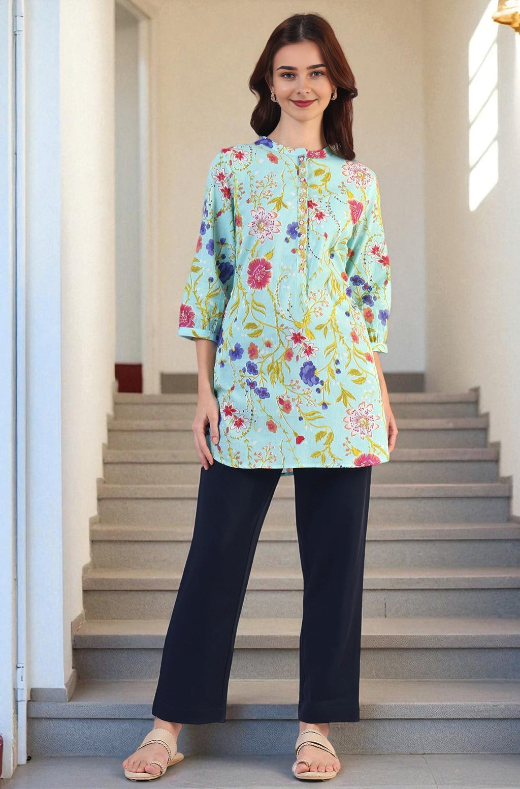W for Woman Blue Floral Printed Tunic with Floral Thread Embroidery | Grocsy