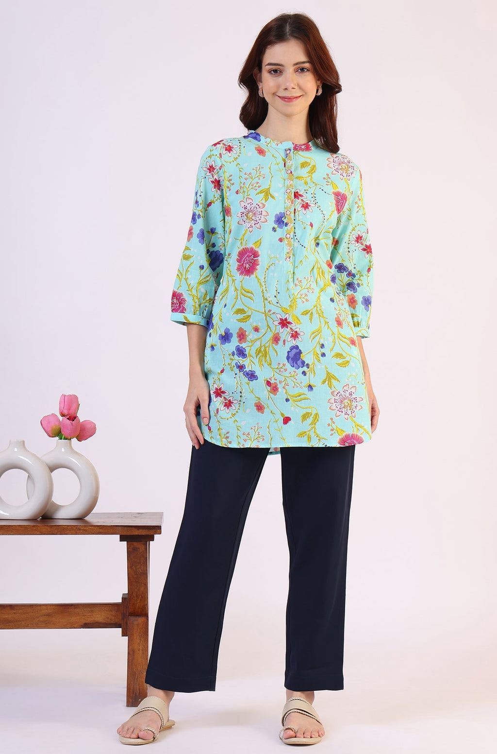 W for Woman Blue Floral Printed Tunic with Floral Thread Embroidery | Grocsy