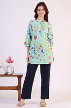 W for Woman Blue Floral Printed Tunic with Floral Thread Embroidery | Grocsy
