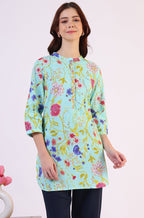 W for Woman Blue Floral Printed Tunic with Floral Thread Embroidery | Grocsy