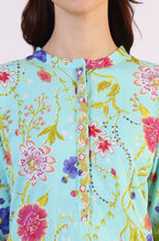 W for Woman Blue Floral Printed Tunic with Floral Thread Embroidery | Grocsy