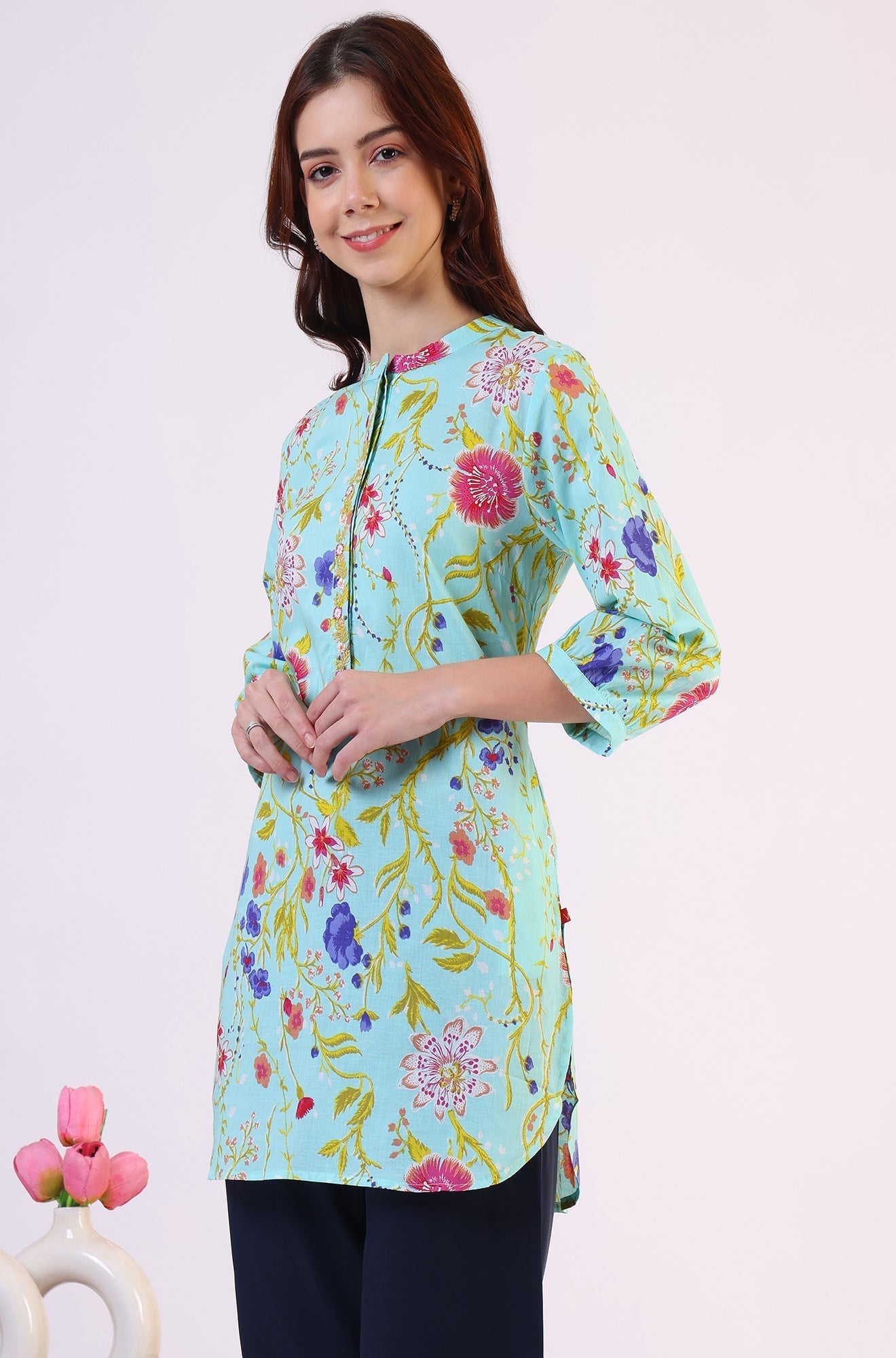 W for Woman Blue Floral Printed Tunic with Floral Thread Embroidery | Grocsy