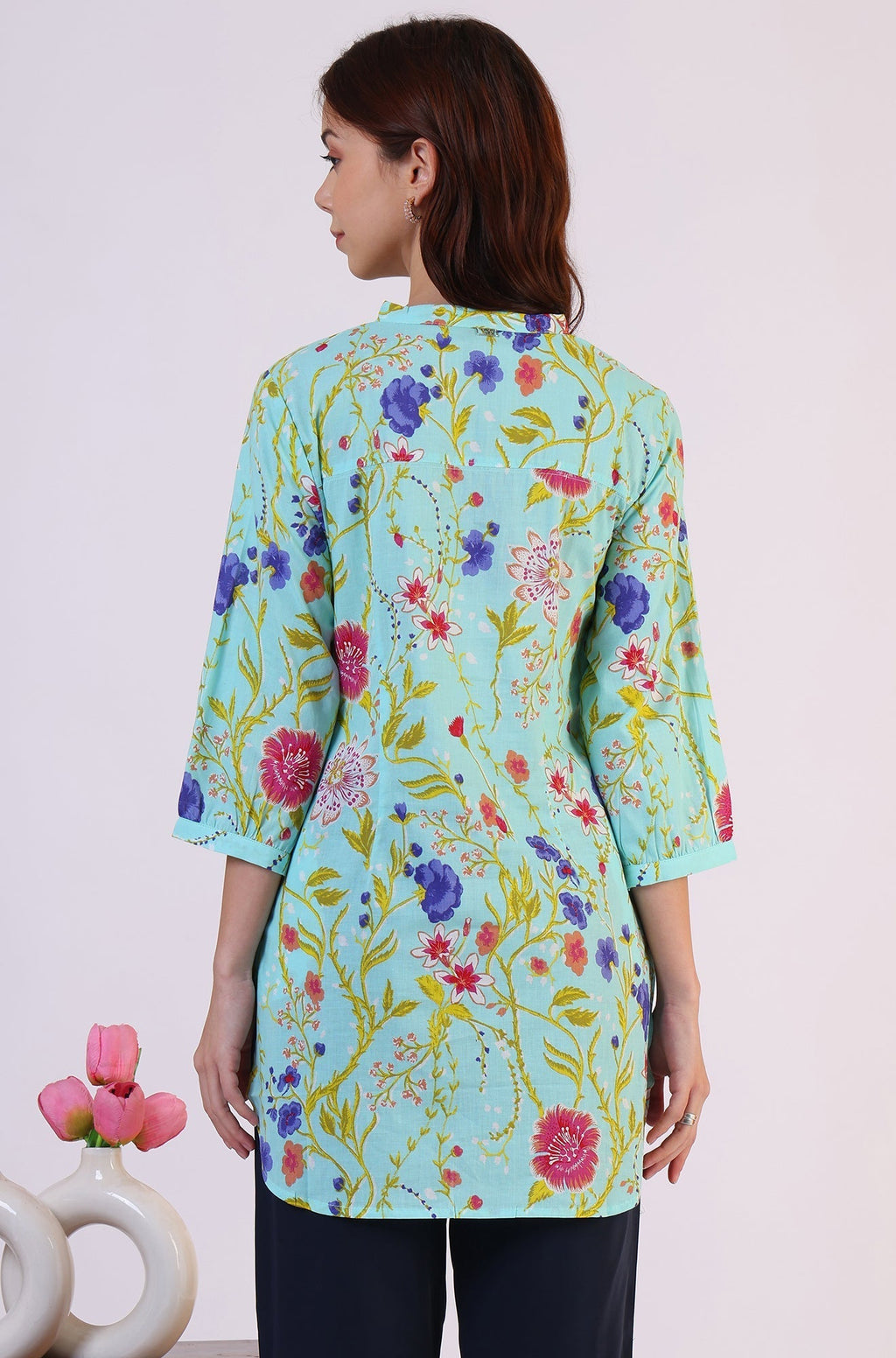W for Woman Blue Floral Printed Tunic with Floral Thread Embroidery | Grocsy