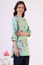 W for Woman Blue Floral Printed Tunic with Floral Thread Embroidery | Grocsy