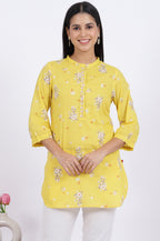 W for Woman Yellow Floral Printed Straight Pure Cotton Tunic | Grocsy