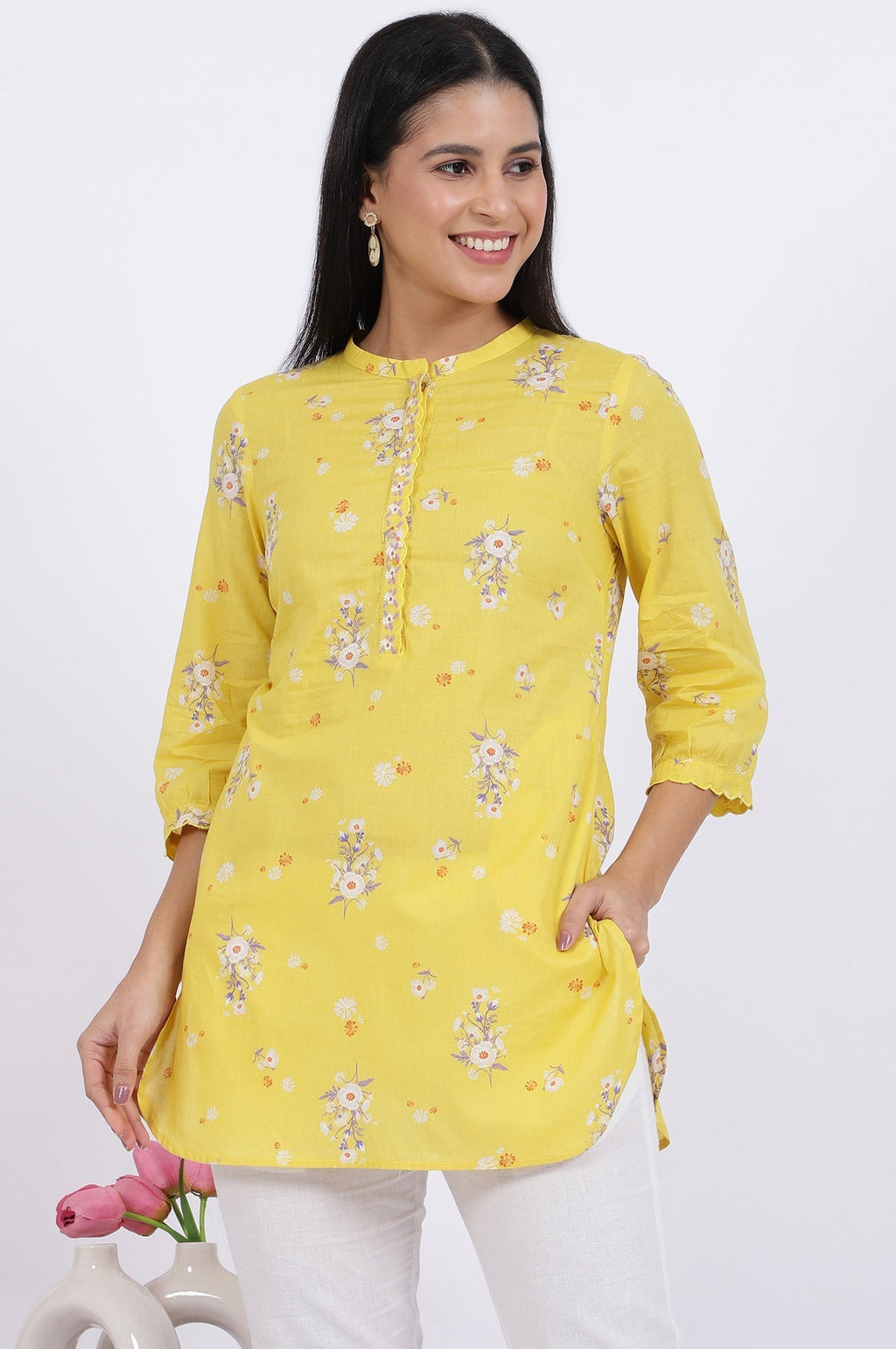W for Woman Yellow Floral Printed Straight Pure Cotton Tunic | Grocsy
