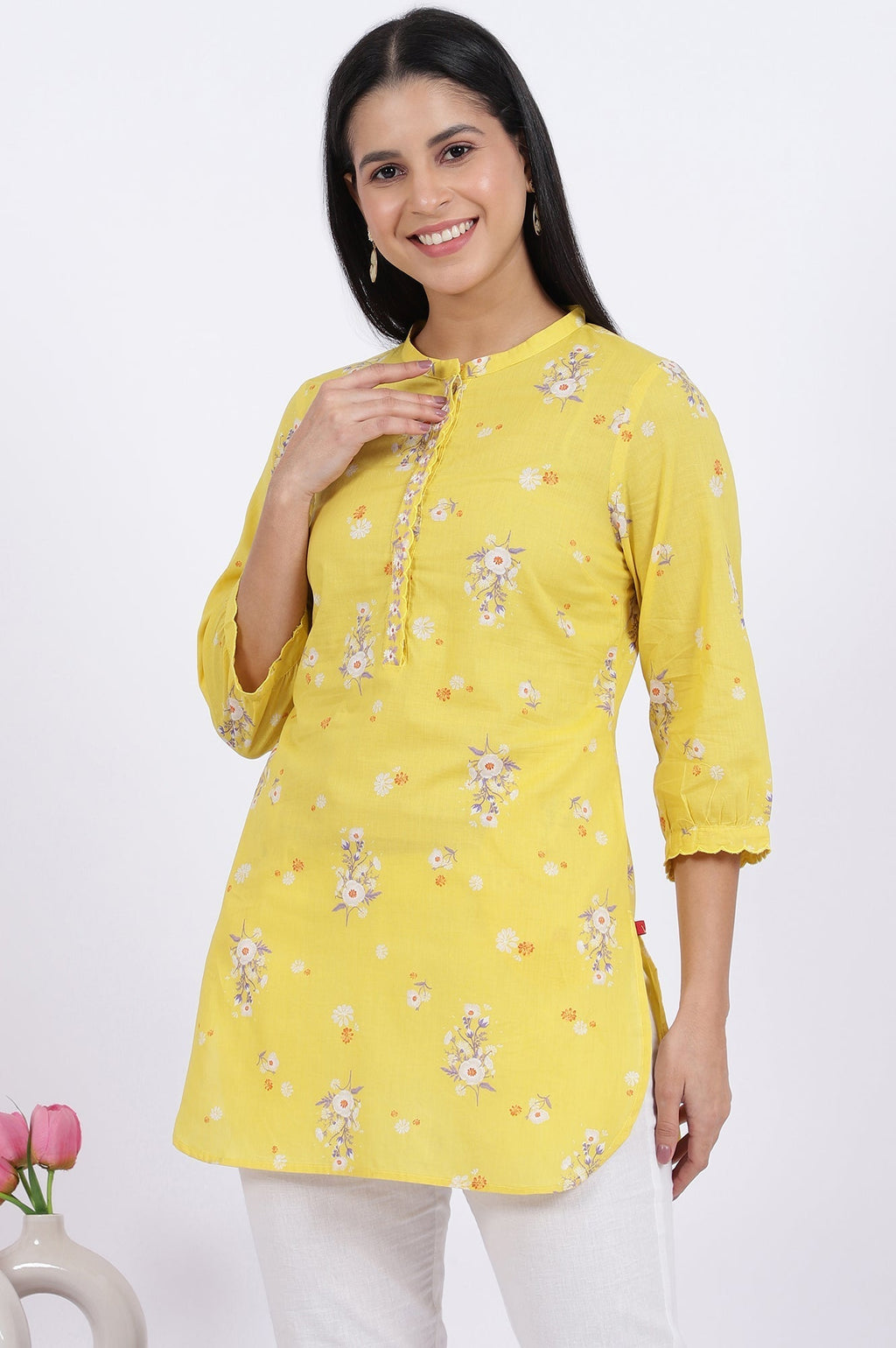 W for Woman Yellow Floral Printed Straight Pure Cotton Tunic | Grocsy