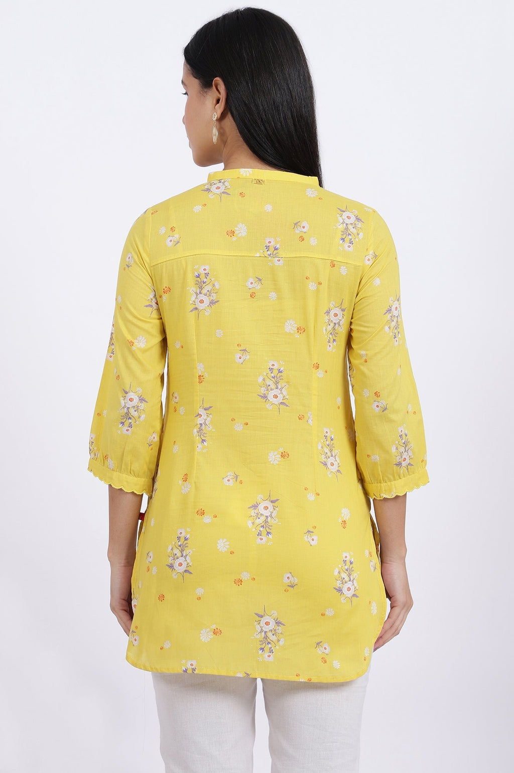 W for Woman Yellow Floral Printed Straight Pure Cotton Tunic | Grocsy