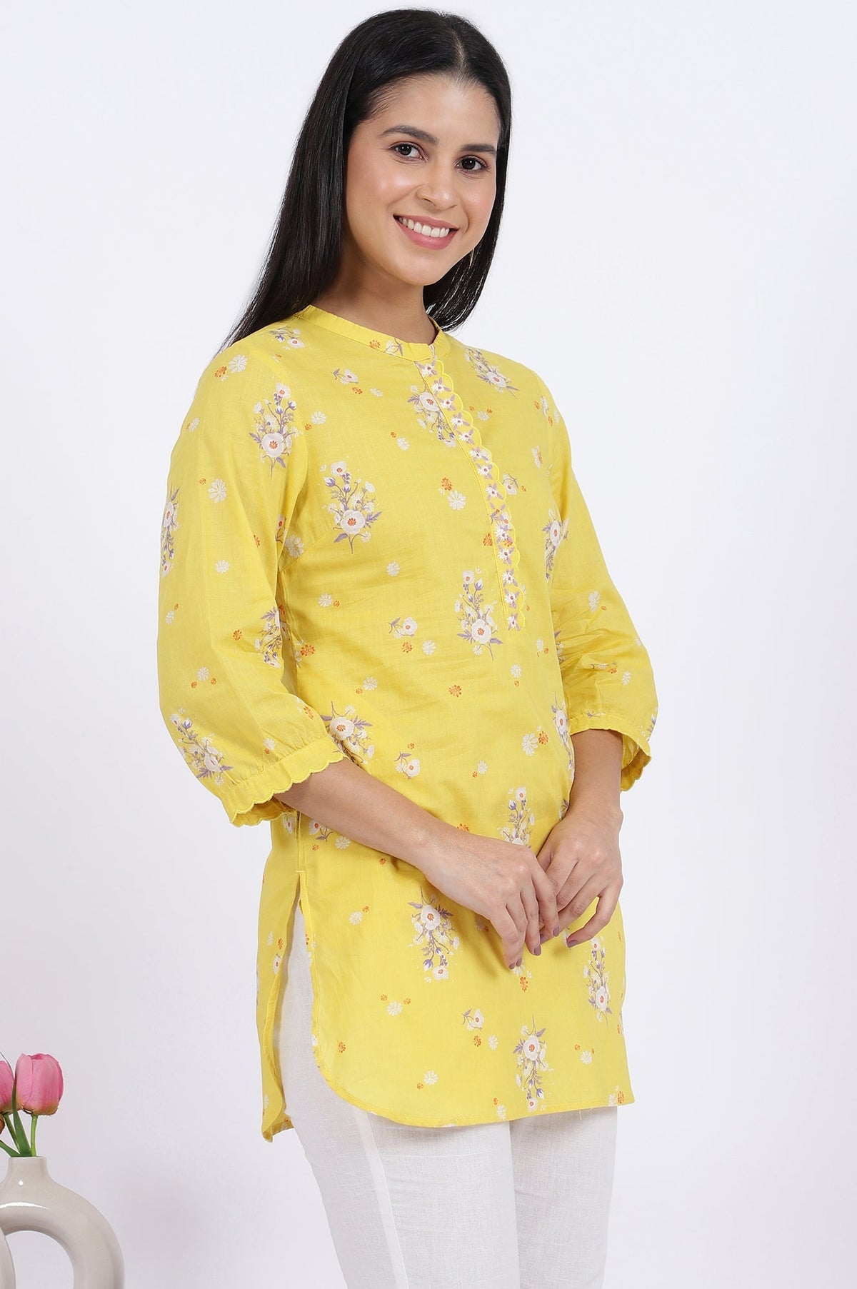 W for Woman Yellow Floral Printed Straight Pure Cotton Tunic | Grocsy
