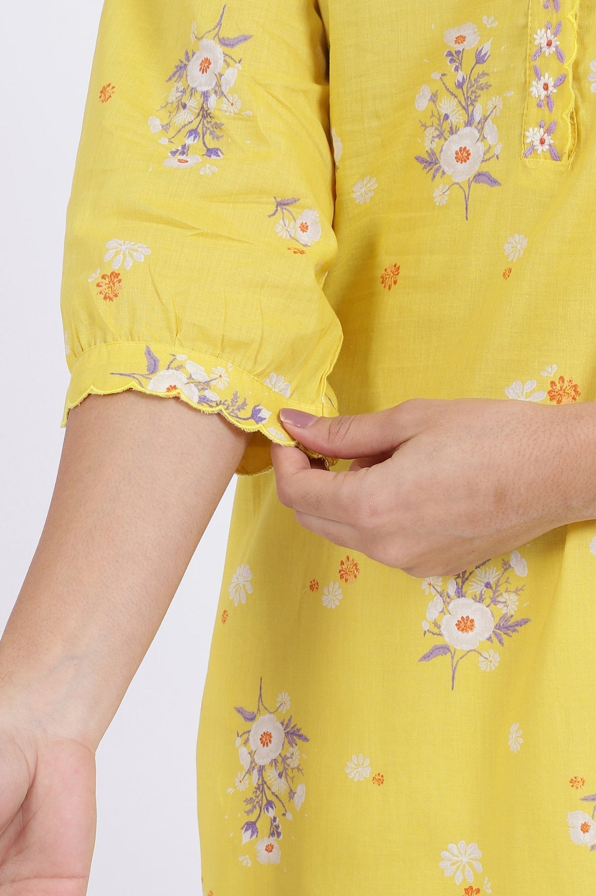 W for Woman Yellow Floral Printed Straight Pure Cotton Tunic | Grocsy