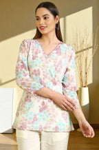 W for Woman White Floral Printed Cotton Crinkle Crepe Ethnic Top | Grocsy