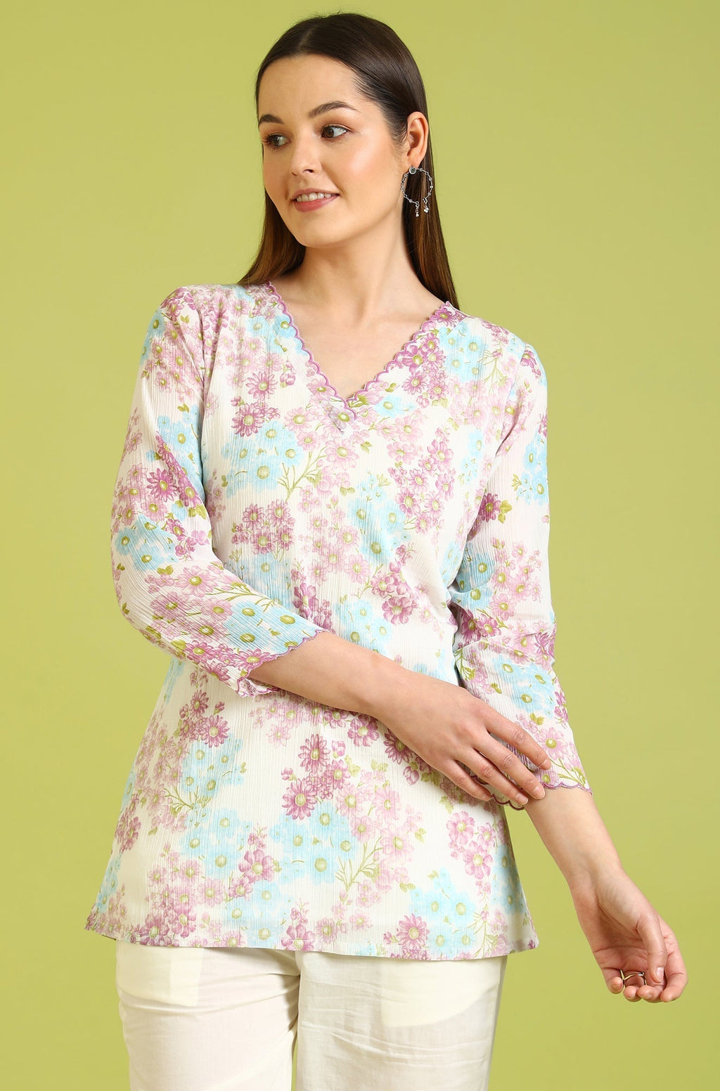 W for Woman White Floral Printed Cotton Crinkle Crepe Ethnic Top | Grocsy