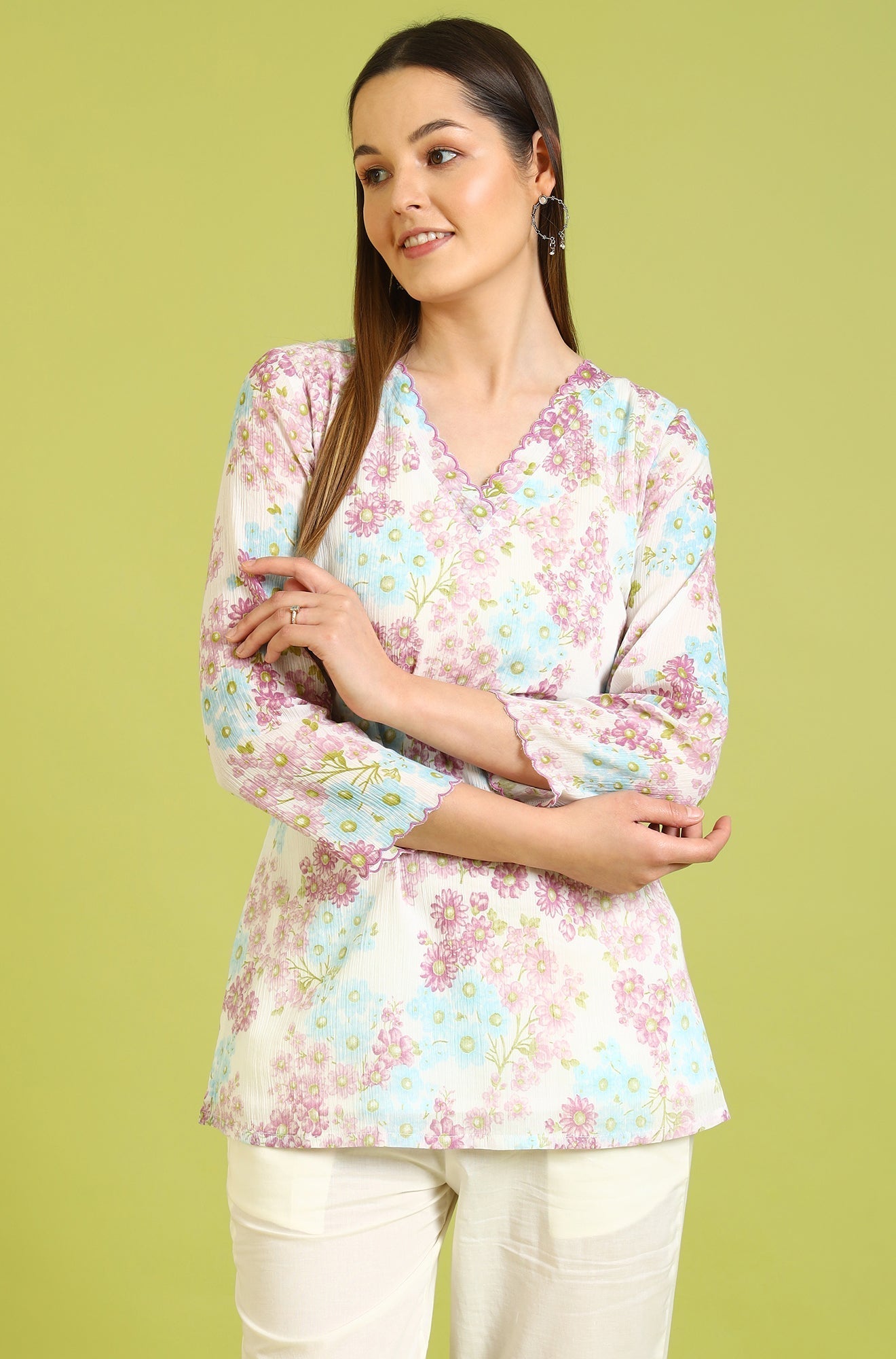 W for Woman White Floral Printed Cotton Crinkle Crepe Ethnic Top | Grocsy