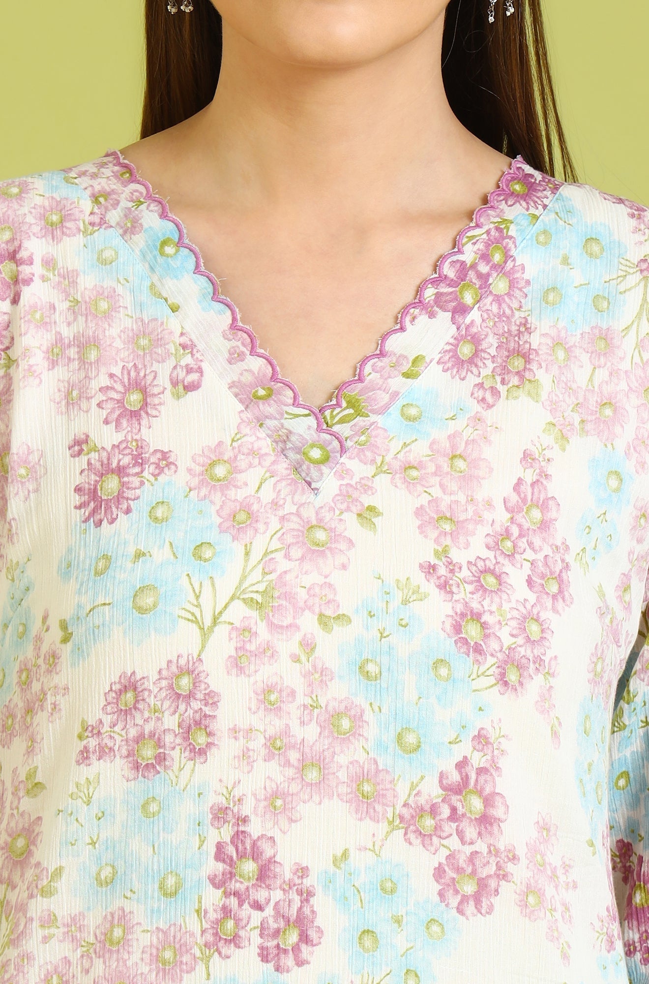 W for Woman White Floral Printed Cotton Crinkle Crepe Ethnic Top | Grocsy