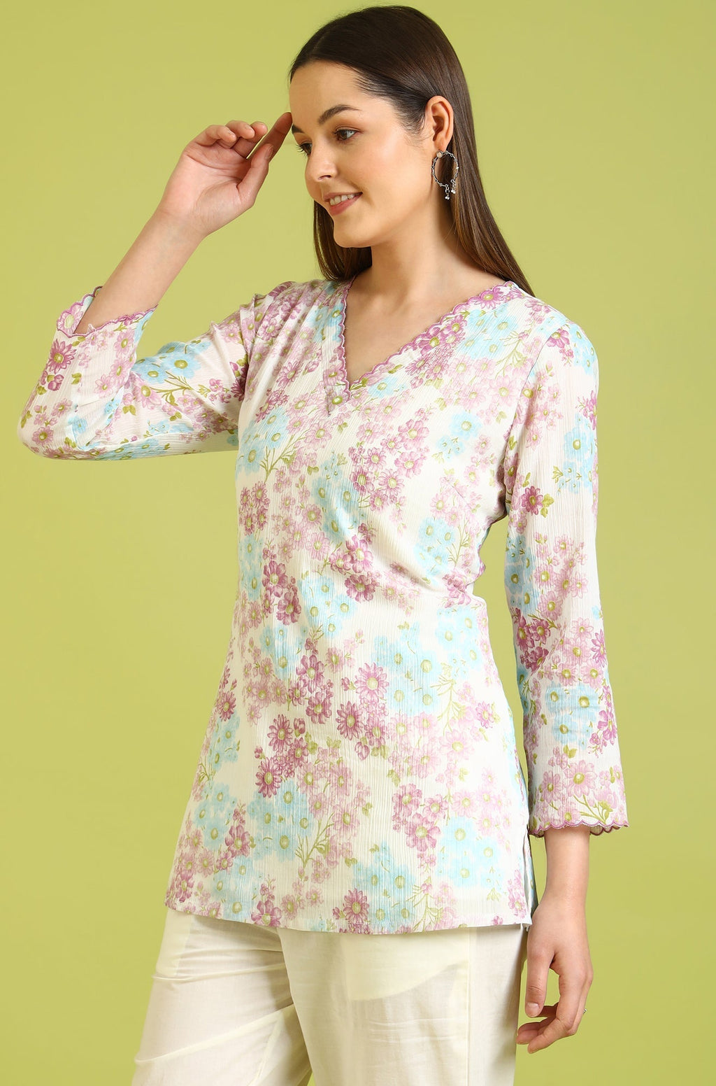 W for Woman White Floral Printed Cotton Crinkle Crepe Ethnic Top | Grocsy