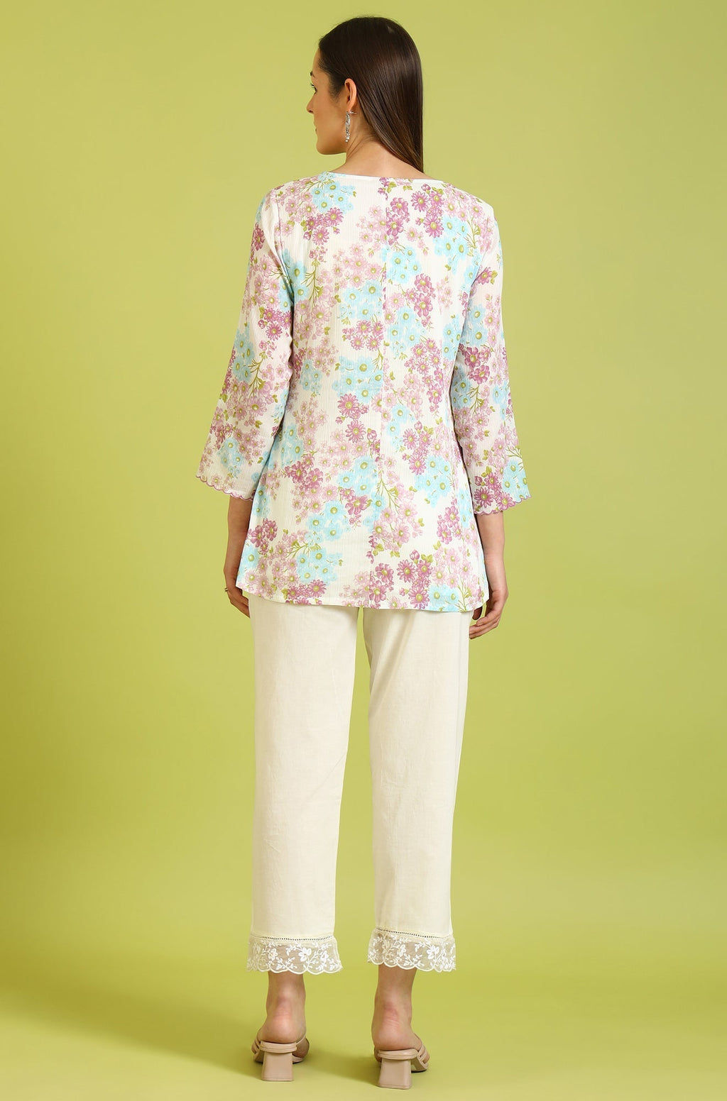W for Woman White Floral Printed Cotton Crinkle Crepe Ethnic Top | Grocsy