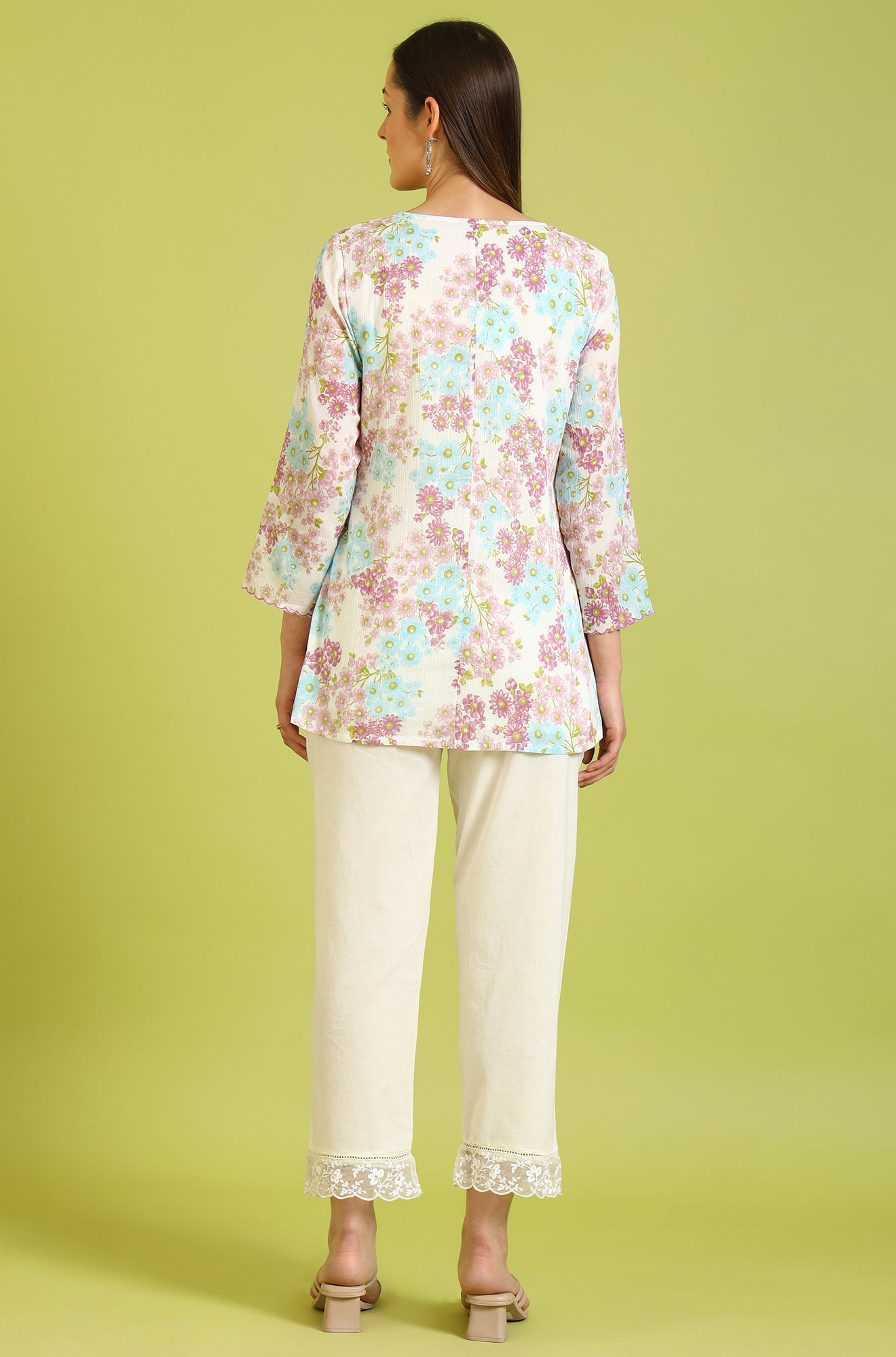 W for Woman White Floral Printed Cotton Crinkle Crepe Ethnic Top | Grocsy