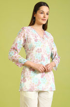 W for Woman White Floral Printed Cotton Crinkle Crepe Ethnic Top | Grocsy