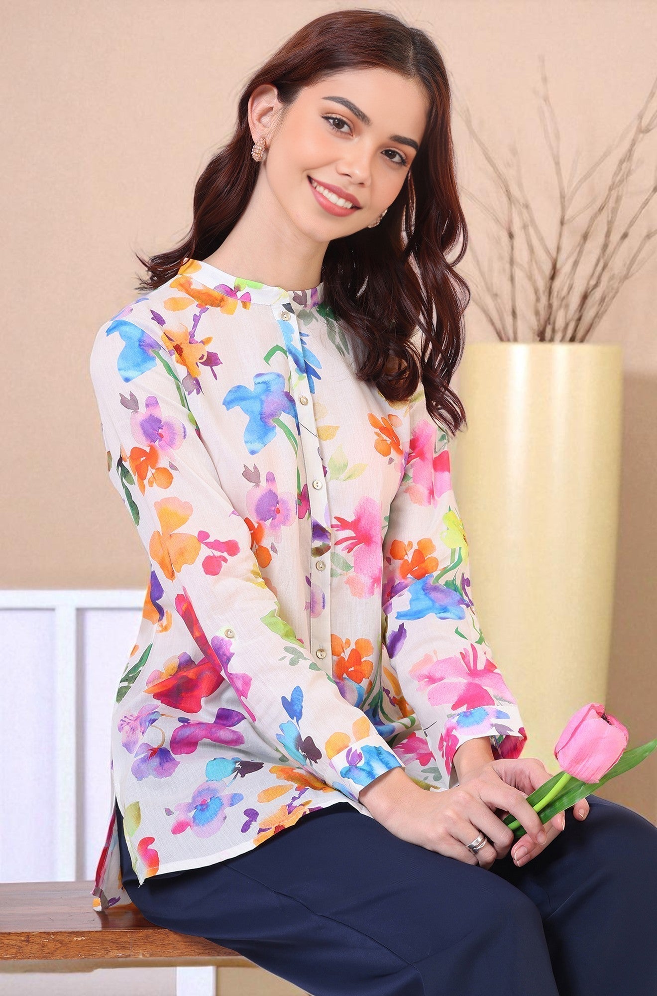 W for Woman Multicolor Floral Printed Straight Pure Cotton Top | Grocsy