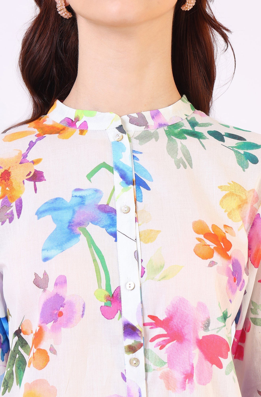 W for Woman Multicolor Floral Printed Straight Pure Cotton Top | Grocsy