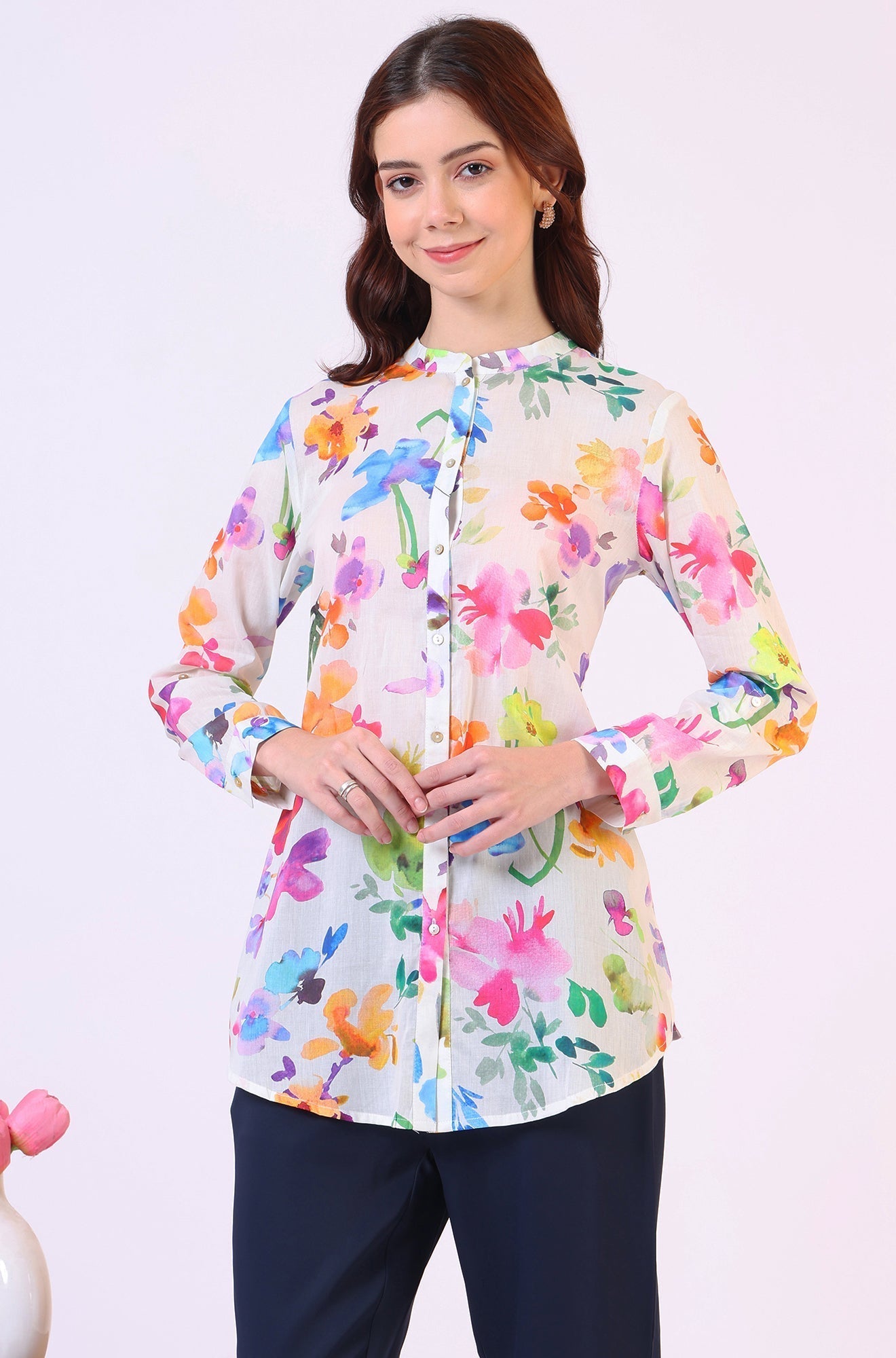 W for Woman Multicolor Floral Printed Straight Pure Cotton Top | Grocsy