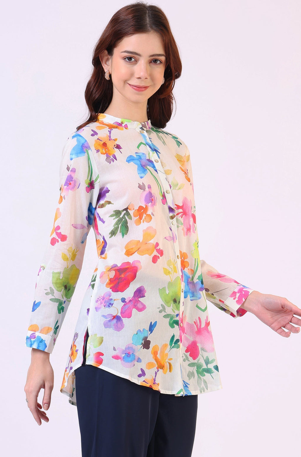 W for Woman Multicolor Floral Printed Straight Pure Cotton Top | Grocsy