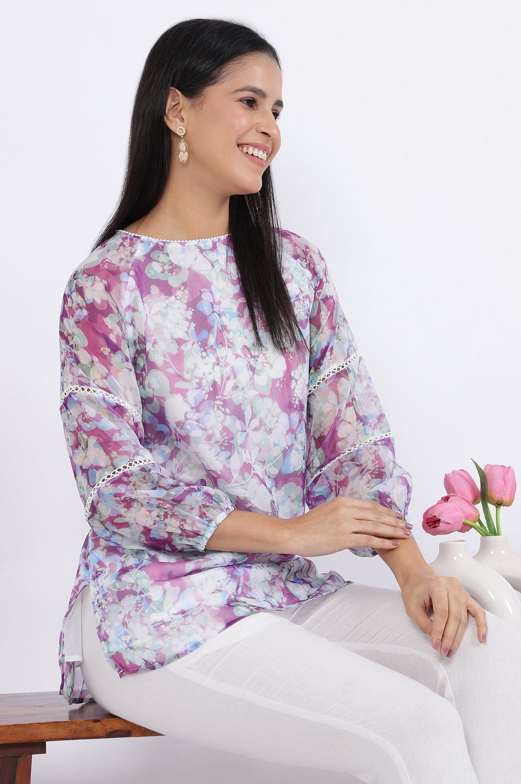 W for Woman Multicoloured Floral Printed Straight Polyester Top | Grocsy