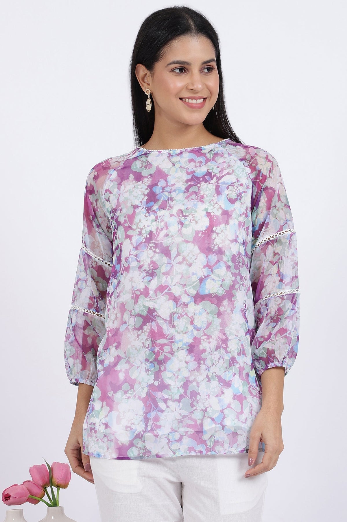 W for Woman Multicoloured Floral Printed Straight Polyester Top | Grocsy